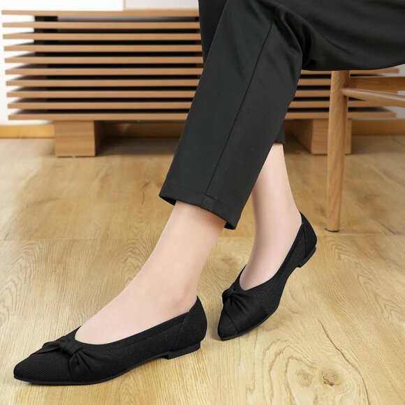 Women's Pointed Toe Knit Black Flats Comfortable Lightweight Dressy Casual Shoes - Picture 6 of 9